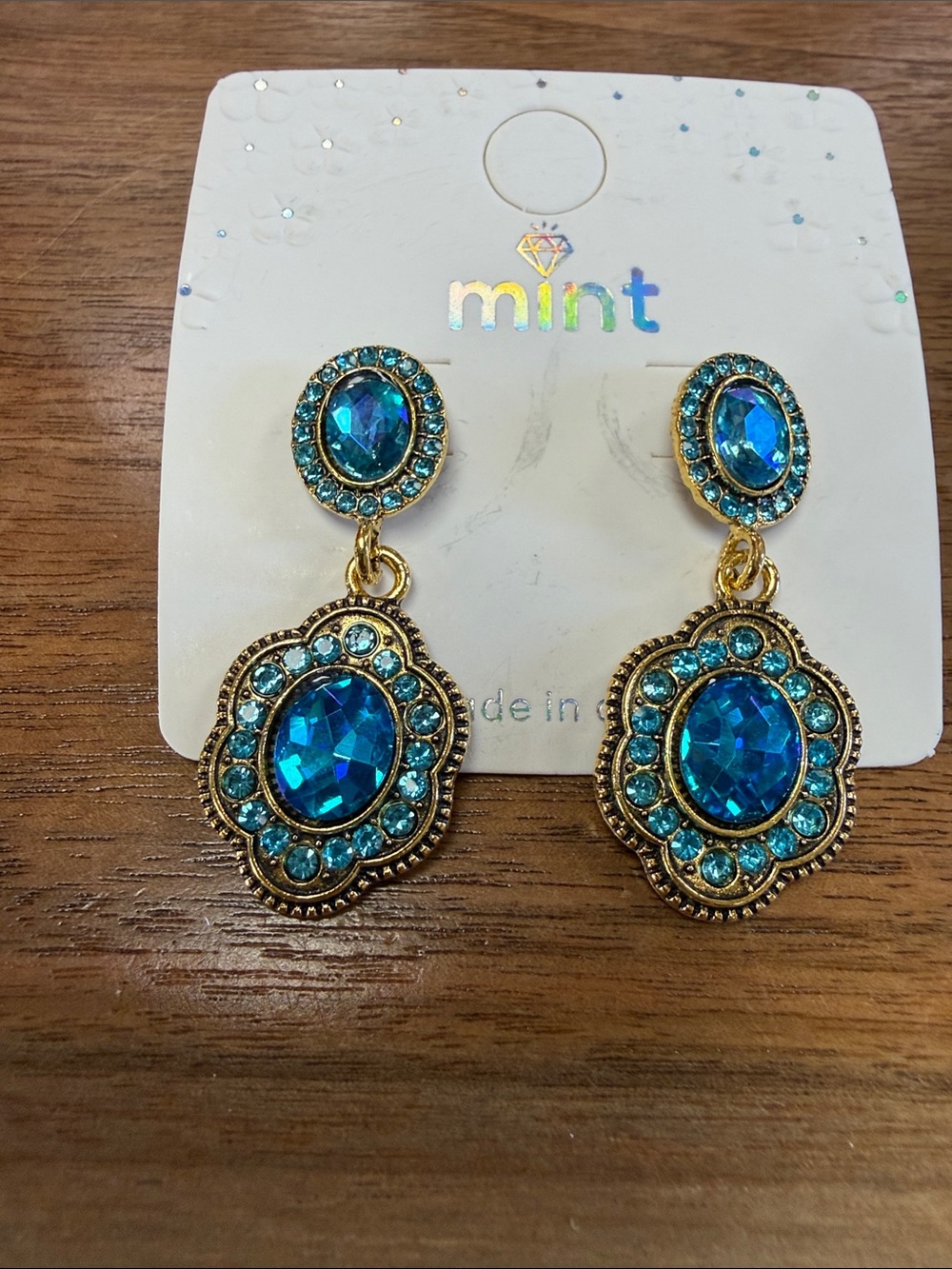Mint Gold-Tone Blue Crystal Dangle Earrings